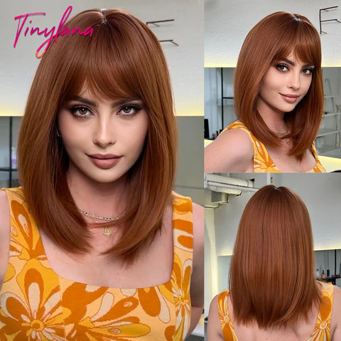 Light Brown Blonde Synthetic Wigs with Bangs - Short Bob for Daily Use, Cosplay, and Halloween | Heat Resistant