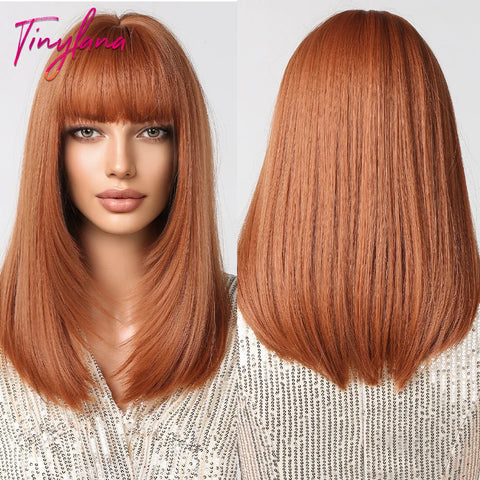 Medium Straight Synthetic Bob Wig Dark Black Brown Short Wigs With Bangs for Women Cosplay Daily Layered Hair Heat Resistant