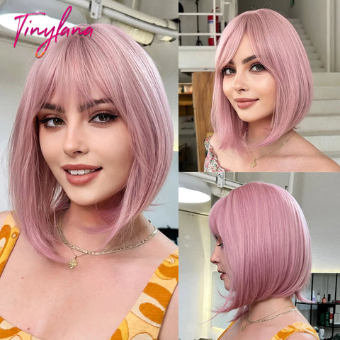 Medium Straight Synthetic Bob Wig Dark Black Brown Short Wigs With Bangs for Women Cosplay Daily Layered Hair Heat Resistant
