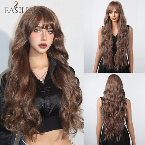 Light Green Long Wavy Synthetic Wig with Bangs - Blackish Green Cosplay Wig for Women, Ideal for Halloween