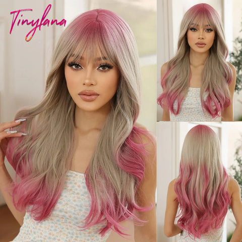 Light Pink Long Wavy Cosplay Synthetic Hair Wig with Bangs - Perfect for Halloween and Daily Wear