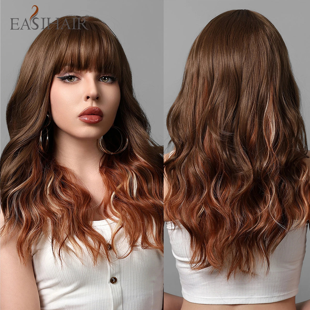 EASIHAIR Long Wavy Brown Synthetic Wig for Women with Side Bangs - Natural Look, Heat Resistant for Daily Wear