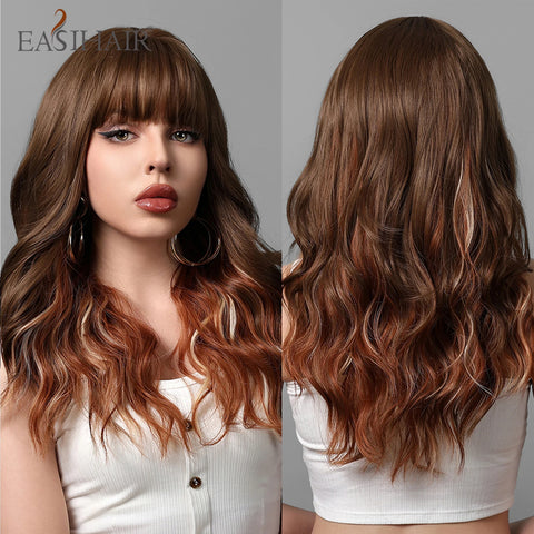 EASIHAIR Long Wavy Brown Synthetic Wig for Women with Side Bangs - Natural Look, Heat Resistant for Daily Wear