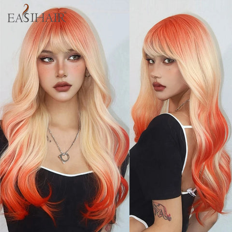 EASIHAIR Long Wavy Brown Synthetic Wig for Women with Side Bangs - Natural Look, Heat Resistant for Daily Wear