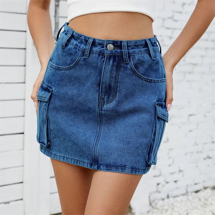 Benuynffy American Retro Multi-pocket Denim Skirt for Women – Summer High Waisted Slim Bodycon A-line Cargo Mini Skirts 2025