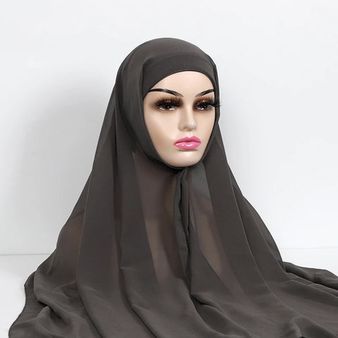 Women Muslim Chiffon Hijab with Cap Bonnet - Instant Scarf Headwrap