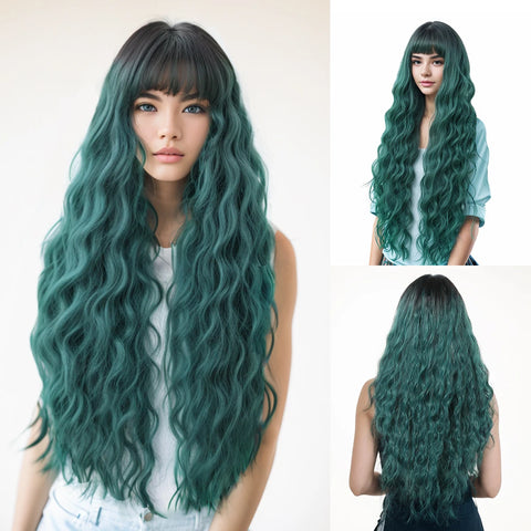 Light Green Long Wavy Synthetic Wig with Bangs - Blackish Green Cosplay Wig for Women, Ideal for Halloween