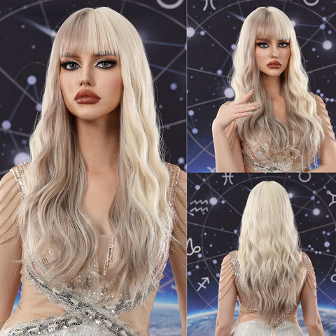 Light Green Long Wavy Synthetic Wig with Bangs - Blackish Green Cosplay Wig for Women, Ideal for Halloween