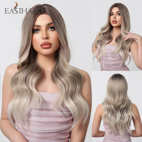 EASIHAIR Long Wavy Brown Synthetic Wig for Women with Side Bangs - Natural Look, Heat Resistant for Daily Wear