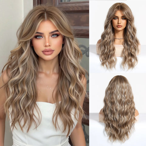 EASIHAIR Long Wavy Brown Synthetic Wigs for Women - Natural Curly Hair with Bangs for Daily Use and Cosplay