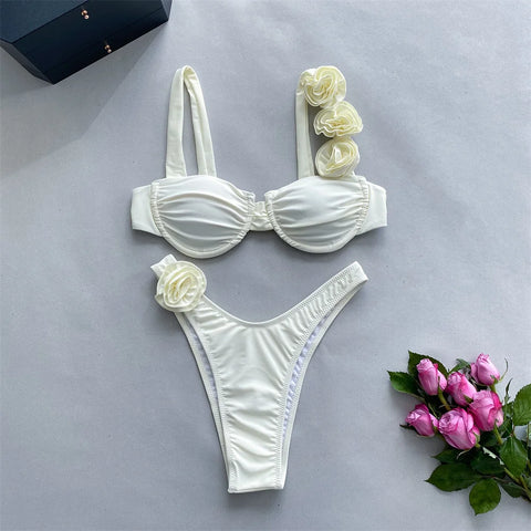 Para Praia 2025 Sexy badmode 3D bloemen geplooide bandeau bikiniset