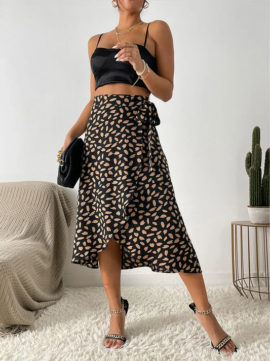 Benuynffy Boho Women Casual Print Tie Side Wrap Skirt - Elegant High Waist Summer Asymmetrical A-Line Skirt