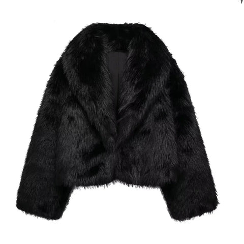 MUJER Black Faux Fur Coat for Women - Plush Autumn Winter Streetwear Outerwear