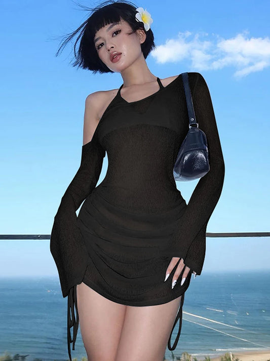 Dulzura Solid Skew Collar Ruched Straps Lace-Up Mini Dress - Summer 2023 Women's Party Clubwear