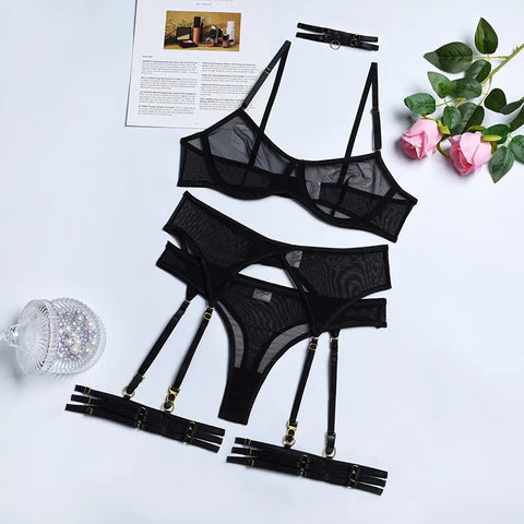 4-Piece Lace Bra Set Women Mesh Panty Underwear Set - 8 Colors Transparent Sexy Lingerie Set