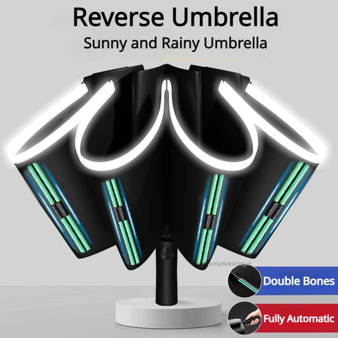 Fully Automatic Reverse Folding Blackout Umbrella with Reflective Stripe - UV Blocking Windproof Parasol