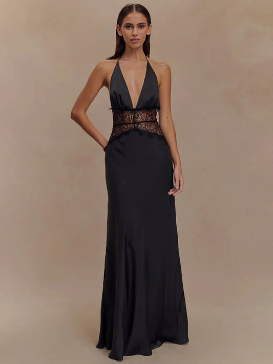 Mozision Summer Backless Sexy Maxi Dress for Women - Elegant Patchwork Lace Halter Deep V Neck Gown