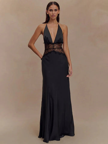 Mozision Zomer Sexy Maxi-jurk zonder rug voor dames - Elegante patchwork kanten halterjurk met diepe V-hals 