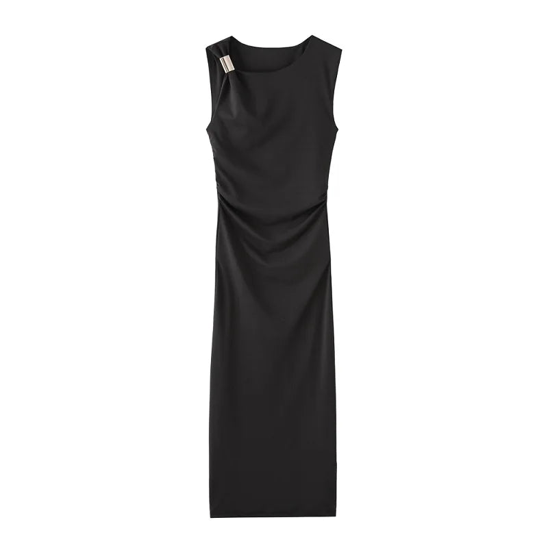 MUJER Pleated Long Black Dress for Women