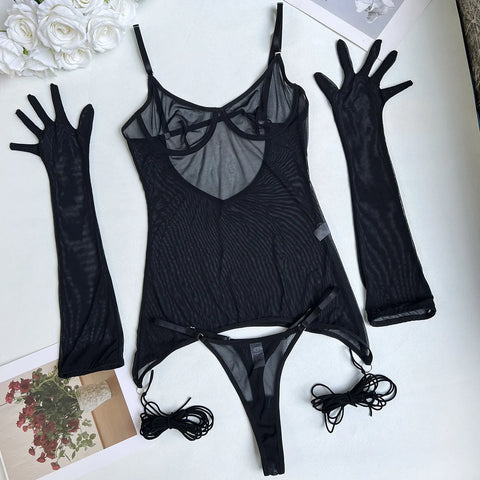 Sheer Mesh Lingerie Set for Women - 4-Piece Backless Dress & Briefs Nightwear