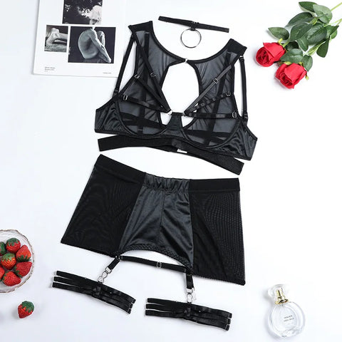 5-Piece Black and Red Mesh Lingerie Set with Choker – Gothic Sexy Sleepwear