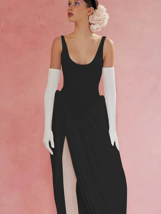 Fantoye Sexy Maxi-jurk met hoge split voor dames - Elegante zwarte mouwloze jurk voor zomerfeesten en clubwear 2024 