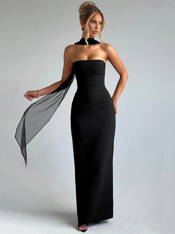 Mozision Sjaalkraag Strapless Sexy Maxi-jurk - Elegante Off-Shoulder Bodycon voor Vrouwen 