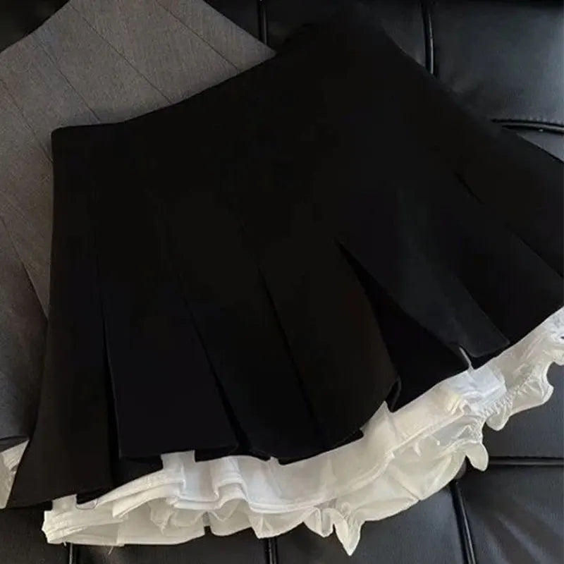 Mooyufon Ruffles Black Mini Skirt for Women – Korean Patchwork Pleated Skirts