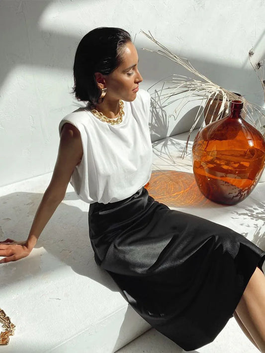 Effen paarse satijnen zijden rok voor dames - Elegante midi-rok met hoge taille voor kantoor en lente 2024