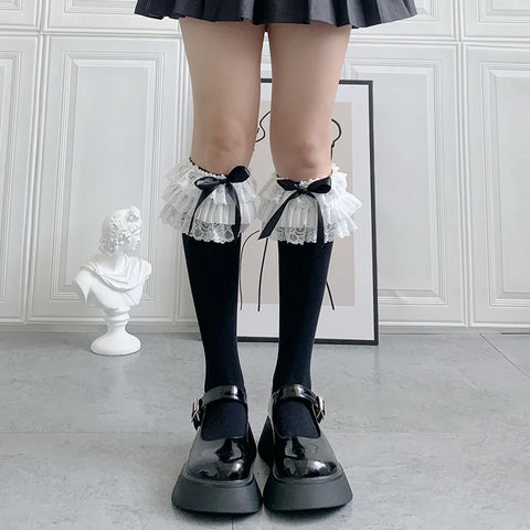 Lolita Nylon Lace Knee High Socks with Bow Knot - Cute Cartoon Princess Design