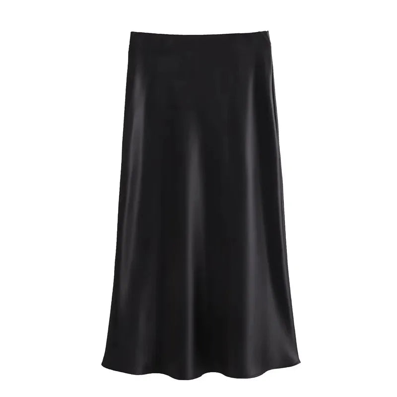 MUJER 2025 Satin Midi Skirt for Women - High Waist Elegant Black Skirt for Office and Summer
