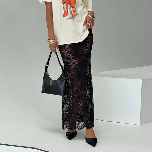 Hirigin Women Lace Long Skirts - Y2K Sheer Maxi Fishtail Beach Cover-Up