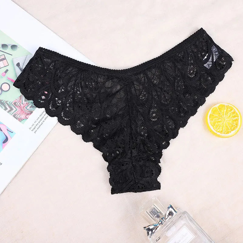 Women's Lace Panties - Elegant Solid Color Transparent Briefs for Women