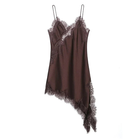 TRAF Satin Sexy Lace Spliced Short Sling Dress