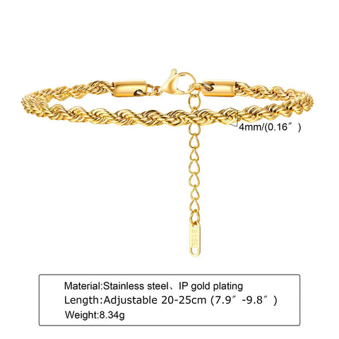 2-5MM Stainless Steel Rope Bracelets for Men Boys - Adjustable Gold Silver Links Wristband, Rock Punk Cool Jewelry Gift