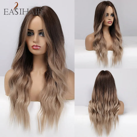 EASIHAIR Long Brown Ombre Synthetic Wigs for Women - Natural Wavy Cosplay Wig