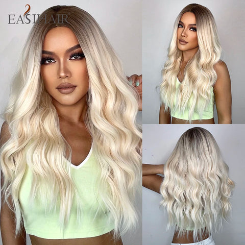DropShipping EASIHAIR Long Blonde Ombre Synthetic Wigs for Women - Wavy High Density Cosplay Wig