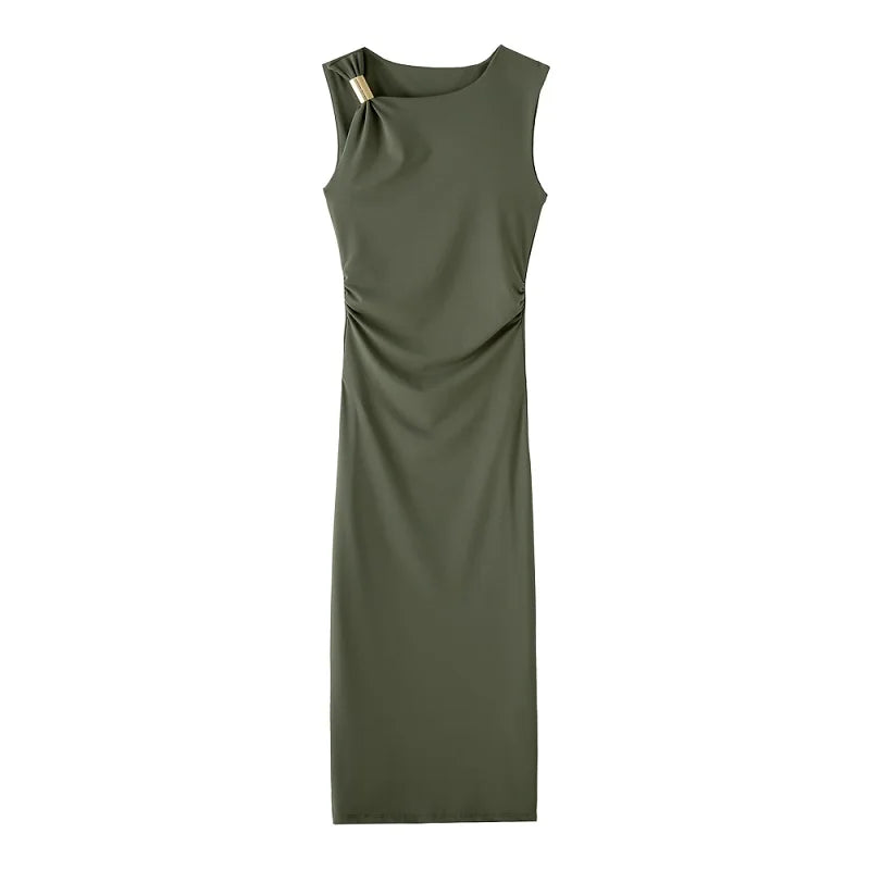 MUJER Pleated Long Black Dress for Women