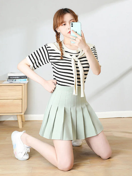 Brown Pleated Mini Skirt for Women - High Waist Harajuku Style Summer 2025 School Uniform