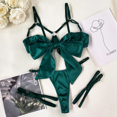 3-Piece Cut Out Bow Lingerie Set - Satin Erotic Underwear Nightwear in 4 Colors
