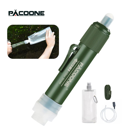 PACOONE Mini Camping Purification Water Filter Straw with TUP Carbon Fiber Water Bag for Survival & Emergency Supplies