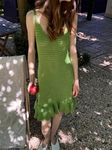 Tossy Knit Rüschen Hollow Out Mini-jurk voor dames - V-hals, transparant, vakantie, strand, casual zomer gebreide jurk