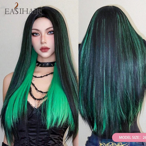 EASIHAIR Women Synthetic Wigs - Long Brown Ombre Blonde Layered Wigs with Curtain Bangs for Daily Use
