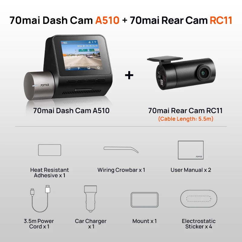 70mai Dash Cam A510 - 1944P HDR Auto DVR met GPS en 4G-connectiviteit