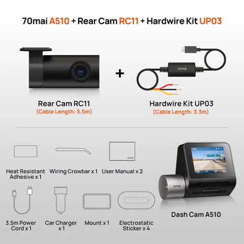 70mai Dash Cam A510 - 1944P HDR Auto DVR met GPS en 4G-connectiviteit
