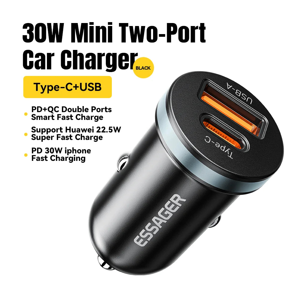 Essager 30W USB C Car Charger - Fast PD QC 3.0 & SCP 5A for iPhone, Xiaomi, Samsung