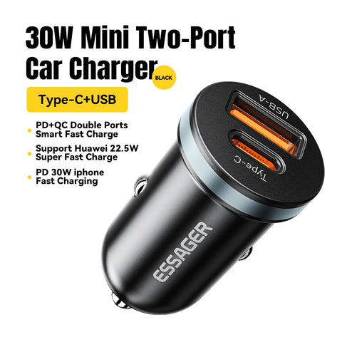 Essager 30W USB C Car Charger - Fast PD QC 3.0 & SCP 5A for iPhone, Xiaomi, Samsung