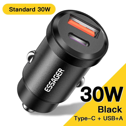 Essager 30W Fast USB Car Charger - Quick Charge 4.0 & PD 3.0 for iPhone 14, Huawei, Samsung, Xiaomi