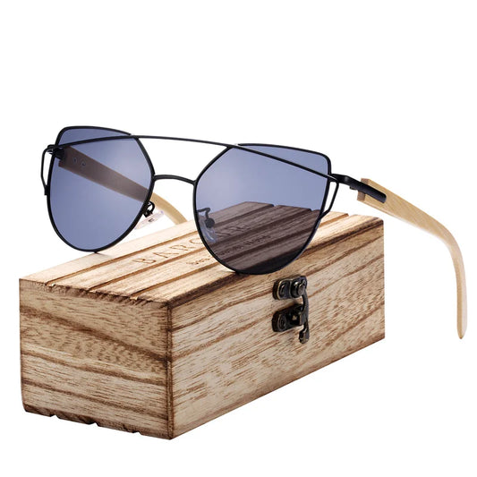 BARCUR Bamboe Cat-Eye Gepolariseerde Zonnebril – Luxe Metalen Montuur UV400 Dameszonnebril
