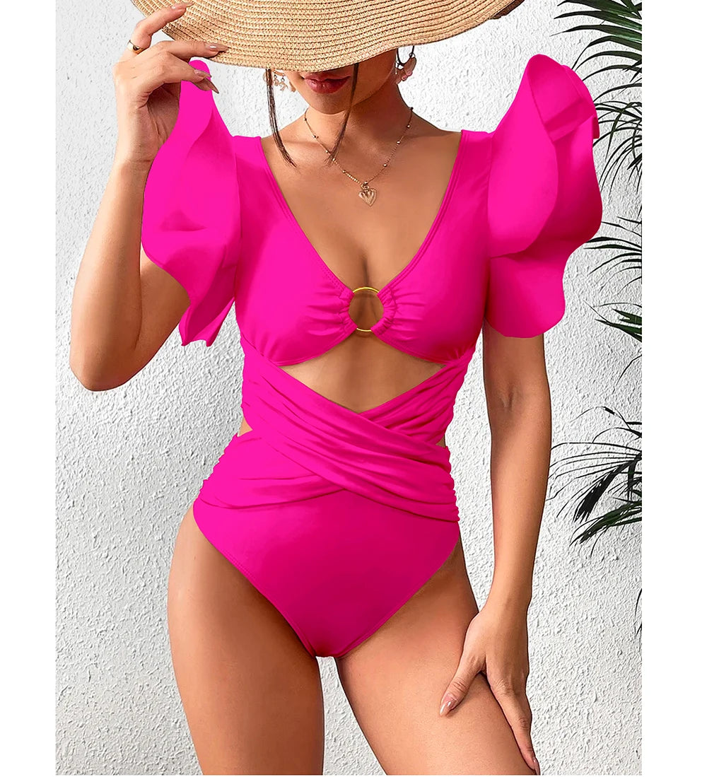 Ruffle One-Piece Swimsuit – Floral Deep V-Neck Push-Up Monokini Beachwear for Women